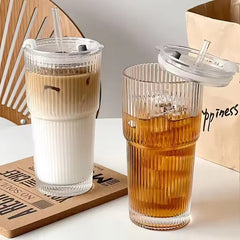 Large Capacity Stripe Glass Coffee Cup With Lid Cover Straw Transparent Drinking Glasses For Juice Iced Coffee Mugs Drinkware