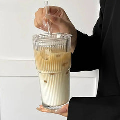 Large Capacity Stripe Glass Coffee Cup With Lid Cover Straw Transparent Drinking Glasses For Juice Iced Coffee Mugs Drinkware
