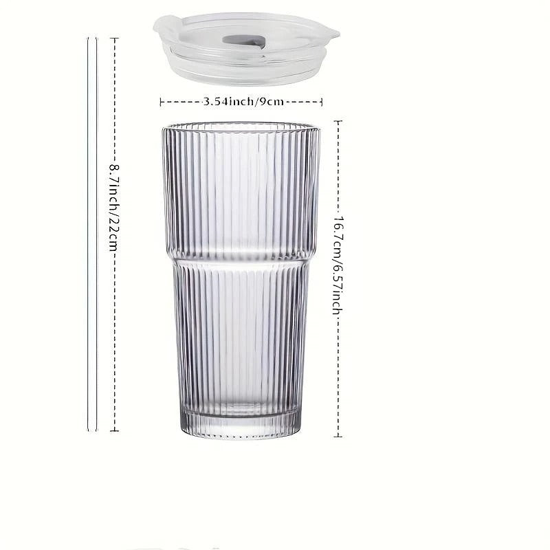 Large Capacity Stripe Glass Coffee Cup With Lid Cover Straw Transparent Drinking Glasses For Juice Iced Coffee Mugs Drinkware